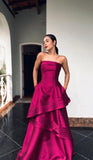 Elegant A Line Strapless Hot Pink Satin Sleeveless Long Prom Dresses Classy Prom Party Gowns HZ0311