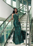 Luxury One Shoulder Satin Beaded Evening Dress Emerald Green Mermaid Prom Dresses HZ0311