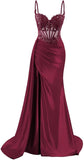 Spaghetti Strap Satin Prom Dresses Long Mermaid Lace Formal Gowns Corset Evening Party Dresses with Slit HZ0311