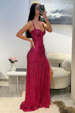 Hot Pink Glitter Bodycon Prom Dresses 2026 with Sweetheart Neck Spaghetti Straps Ruched Side Slit Vestidos Evening Gowns HZ0311