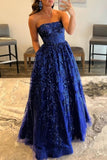 A line Royal Blue Sequined Lace Long Prom Dress with Pockets Formal Evening Gowns HZ0311