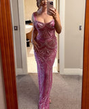 Gorgeous Mermaid Pink Spaghetti Straps Sequin Beaded Long Evening Dress Formal Party Gown Formal Vestidos De Dia HZ0311