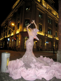 New Mermaid One Shoulder Pink Layered Prom Dress Aesthetic Long Graduation Evening Outfits HZ0311