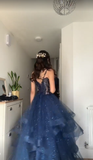 Unique Ball Gown Spaghetti Straps Navy Blue Tulle Lace Prom Dresses Party Dress 21st Birthday Outfits Graduation Dress HZ0311
