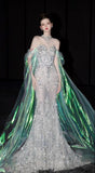 Charming High Neck Long Sleeves Mermaid Silver Green Organza Prom Dress With Beadings Party Dress For Women HZ0311
