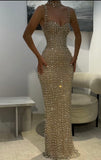 Elegant Mermaid Spaghetti Strap Champagne Beaded Bodycon Evening Women Party Dresses Long Formal Prom Dress 16 Birthday Gown HZ0311