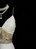 Chic A Line Spaghetti Strap White Chiffon Beads Senior Prom dresses High School Long Formal Dresses HZ0311