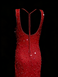 Modest Night Aesthetic Sheath Scoop Neck Red Sequins College Formal Outfit Long Prom Graduation Dresses For Teens HZ0311