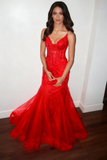 Modest Mermaid Spaghetti Straps Burgundy Lace Tulle Prom Dresses Inspiration Prom Dress Princess Graduation Dress HZ0311