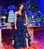 Modest Party Gowns Sleeveless Floor-Length A line Navy Blue Sweetheart Slit Lace Long Prom Dress HZ0311