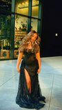 Sexy Mermaid Strapless Sequins Slit Side Black Long Prom Dresses Party Outfits Prom Gown HZ0311
