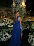 Elegant A line Prom Dresses With Scarf Chiffon Pleated Ruffle Strapless Royal Blue Formal Evening Dress Party Gowns HZ0311