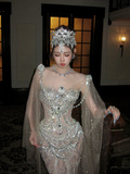 Glittery Mermaid Silver Sequin Long Court Train Wedding Dress With Cape Fairytale Brides Gown Wedding Dresses HZ0311