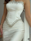 Luxury Strapless Mermaid Prom Dresses Satin Floor Length Sleeveless With Beads Ribbon HZ0311