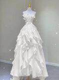 A line White Tulle See Through Neck Appliques Prom Dress HZ0311