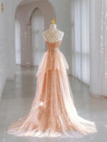 Luxury Evening Dresses Train Bride Beach Party Gold Sequins Douber Straps Prom Dresses Formal Gowns HZ0311
