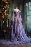Elegant Purple Medieval Prom Dress Off The Shoulder Fairy Long Sleeve 3D Floral Applique Vestidos De Dia HZ0311
