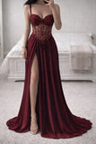 Glamorous Dark A Line Burgundy Sequined Long Slit Prom Dresses With Beads HZ0311