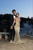 Sparkly Mermaid For Black Girls People Sweetheart Champagne Prom Dresses Column Floor Length With Beads HZ0311