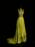 Modest A line High Neck Green Satin With Beaded Bodice College Formal Outfit Long Prom Graduation Dresses For Teens HZ0311