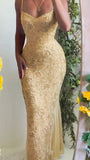 Chic Mermaid Spaghetti Strap Yellow Lace Long Prom Dresses For High School People Girls Formal Evening Wedding Guest Gown HZ0311