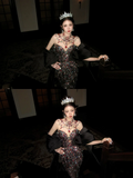 Sparkly Mermaid High Neck Black Sequin With Beads Gem Long Prom Dresses 20th Birthday Outfits HZ0311