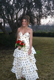 Sweetheart Black Polka Dots Chiffon Prom Dresses With Pleated And Ruffles Formal Dresses HZ0311