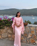 Women's Cocktail Party Gowns Mermaid Scoop Neck Pink With Pleated Ruched Cape Graduation Dinner Outfits Prom Dresses HZ0311