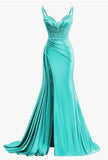 Sexy Mermaid Spaghetti Straps Blue With Slit Evening For Women Party Dresses Long Formal Prom Dresses 21st Birthday Gowns HZ0311