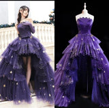 Modest High Low Strapless Purple Satin With Lace Prom Dresses Long Party Dress Grad Formal Evening Dresses HZ0311