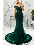 Green Mermaid Lace Beaded Off-Shoulder Formal Prom Dresses Long Party Dress HZ0311