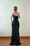 Timeless Dark Green Spaghetti-Straps Sleeveless Prom Dresses Mermaid V-Neck With Lace-Up Back HZ0311
