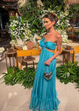 Charming A line Strapless Blue Satin Inspiration Sleeveless Long Prom Dresses Wedding Guest Dress Classy Prom Gowns HZ0311
