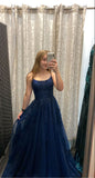 Modest A line Spaghetti Strap Navy Blue Tulle Lace Prom Dresses Long for Women Formal Evening Gown HZ0311