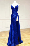 Classy Spaghetti Straps Mermaid Wine Red V Neck Satin Lace Long Prom Dresses Formal Dress HZ0311