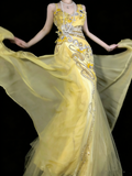 Modest Mermaid Sweetheart Yellow Chiffon With Beaded Bodice College Formal Outfit Long Prom Graduation Dresses For Teens HZ0311