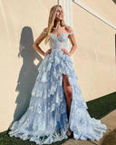 Light Blue Off The Shoulder Tulle Sequin Ruffle Tiered Long Gown with Slit Vestidos De Dia HZ0311