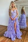 Off The Shoulder Layered Navy Blue Lace Long Prom Dress with Split Vestidos De Dia HZ0311