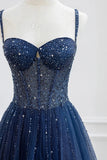 Stylish Navy Blue Spaghetti Straps Tulle Beading Prom Dress Evening Formal Dresses Vestidos De Dia HZ0311