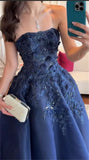 Elegant Navy Blue Strapless Appliques A Line Prom Dress Evening Dress Vestidos De Dia HZ0311