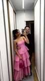 Sexy Ball Gown Strapless Pink Multi Layers Long Prom Dress Formal Party Prom Dresses HZ0311