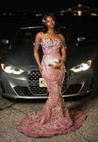 Sparkly Mermaid For Black Girls People Sweetheart Pink Prom Dresses Column Floor Length With Beads HZ0311