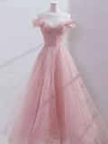 Modest Ball Gown Off The Shoulder Pink Tulle Pleated Long Prom Dresses Inspo Senior Night Dance Prom Dress HZ0311