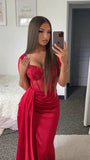 Modest Mermaid Sweetheart Red Satin With Pleated Cap Sleeves Long Tight Formal Gown Prom Dresses Evening Gowns HZ0311