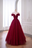Shinning Ball Gown Off The Shoulder Red Tulle With Beads For Women Party Dresses Long Formal Prom Dresses 22th Birthday Gown HZ0311