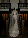 Glittery Mermaid Silver Sequin Long Court Train Wedding Dress With Cape Fairytale Brides Gown Wedding Dresses HZ0311