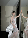 Fairy Mermaid Strapless White Sequin Wedding Dress With Beaded Bow-knot Fairytale Brides Gown Wedding Dresses HZ0311