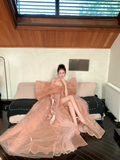 Modest Ball Gown Off The Shoulder Coral Pink With Long Sleeves Bow Prm Dress Aesthetic Long Graduation Evening Outfits HZ0311
