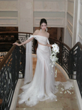 Simple Mermaid Off The Shoulder Tulle White Wedding Dress With Pleated Ruched Fairytale Brides Gown Wedding Dresses HZ0311