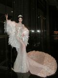 Sexy Mermaid High Neck Silver Sequin Wedding Dress With Beaded Fairytale Brides Gown Wedding Dresses HZ0311